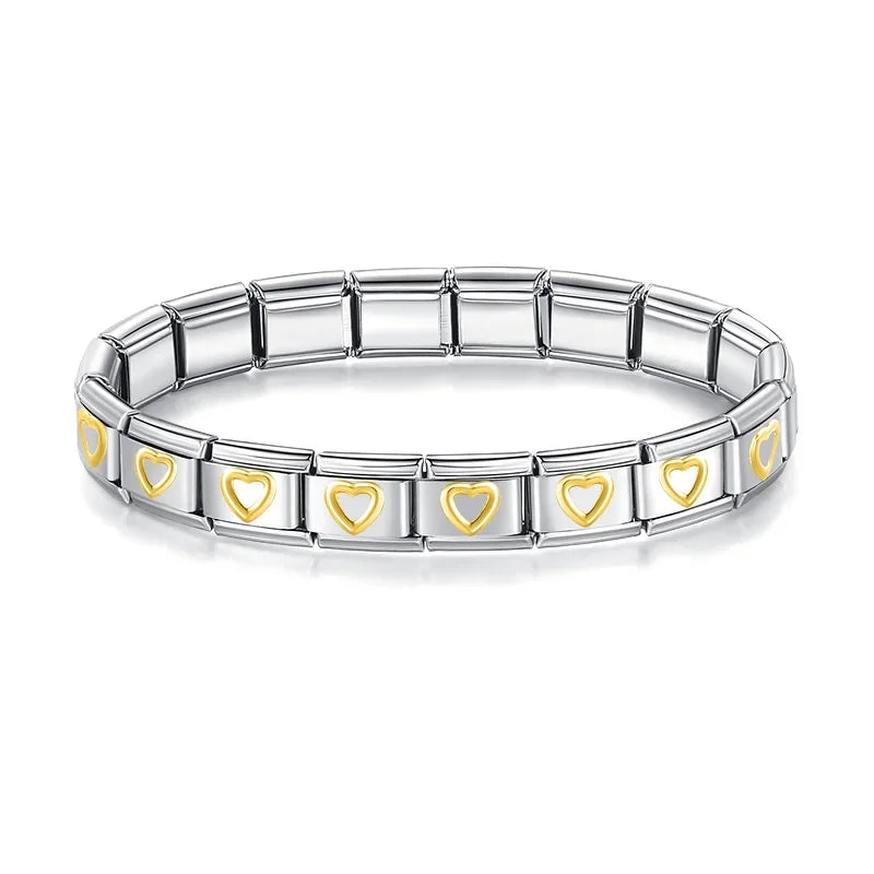 Gold Hearts Silver Italian Charm Bracelet - 9mm Ready Made Bracelet