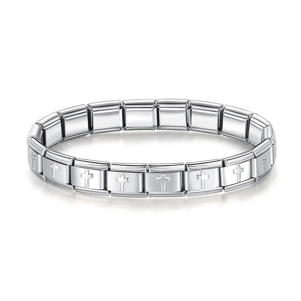 Cross Silver Italian Charm Bracelet - 9mm Ready Made Bracelet